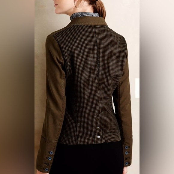 Anthropologie Hei Hei Olive Green Cotton Blazer | Houndstooth Back | Size 8P - Picture 10 of 12